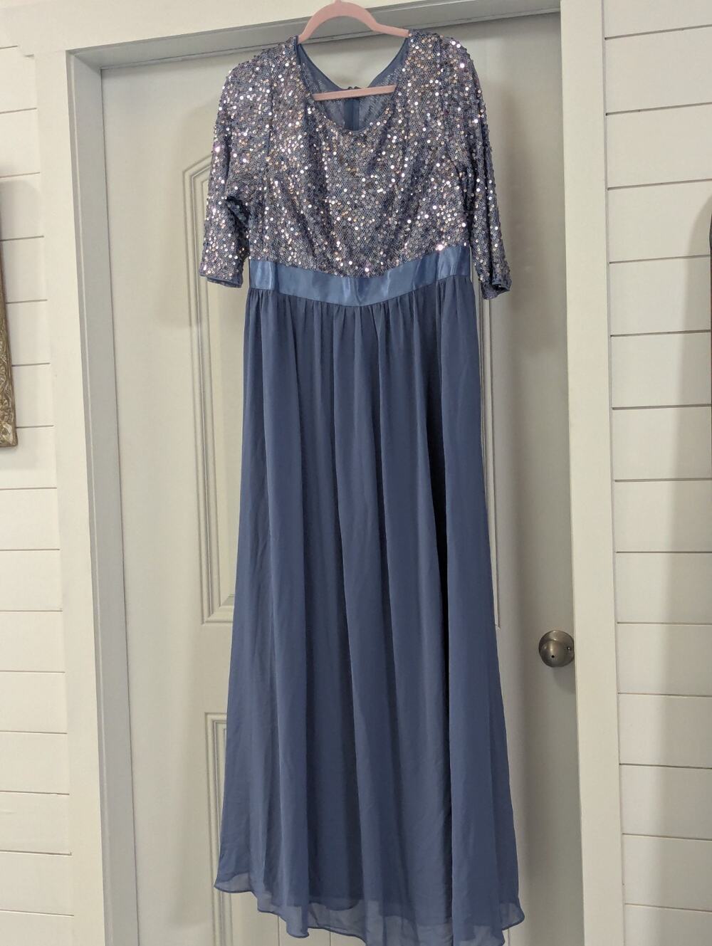 Ever-Pretty Blue Sequin Bodice Chiffon Scoop Neck 3/4 Sleeve Long Dress 22 NWT